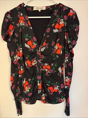 Diane Von Furstenberg Black Blouse with Red Heart & Pink Floral Print